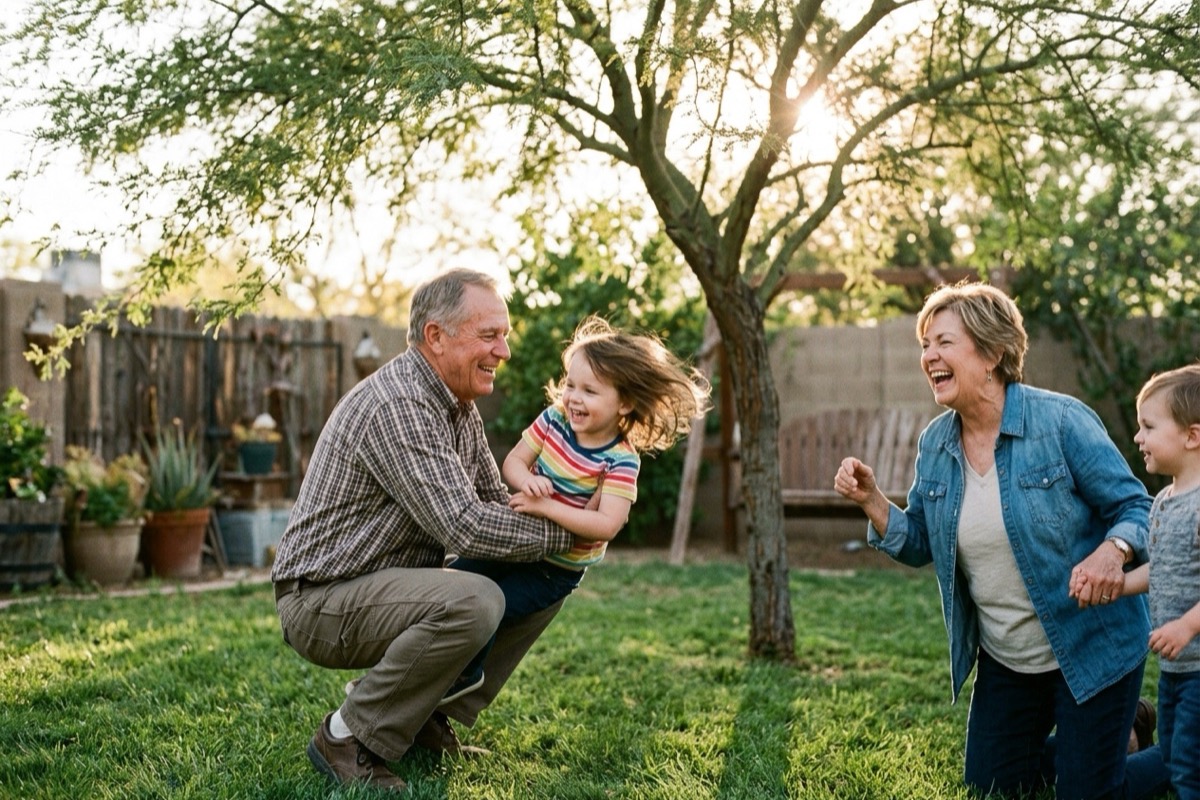 Grandparents laughing and playing with their grandchildren in the backyard